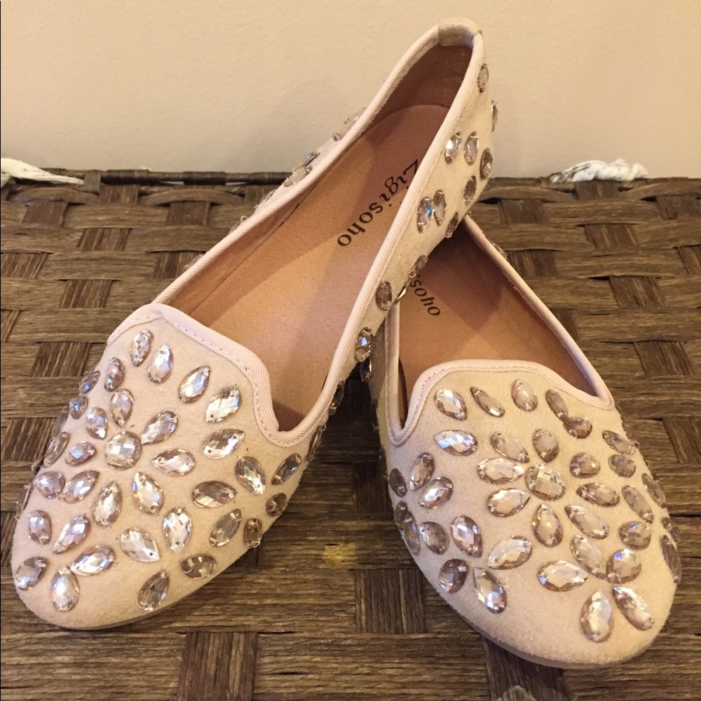 Blush pink rhinestone flats